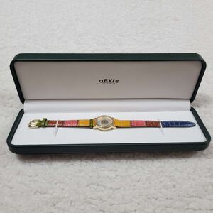 Orvis 26mm Gold Tone Rainbow Patchwork Leather Quartz Analog Watch DEAD BATTERY
